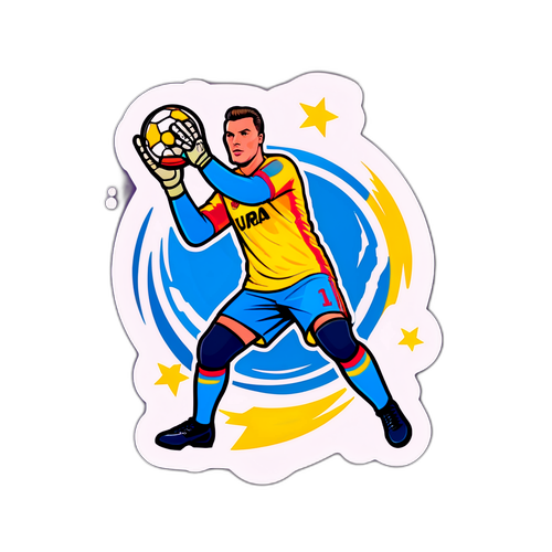 Sticker cu portar de la Rapid București, salvând o minge crucială