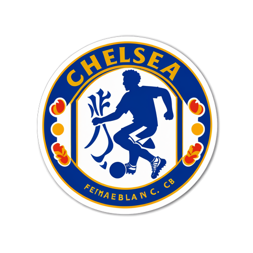Sticker van het Chelsea FC-logo met sportieve voetballer in actie