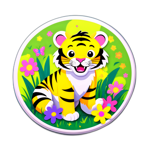 Schattige sticker van een gele tijger in het gras