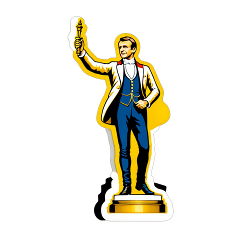 Sticker représentant une statue d'Emmanuel Macron au Musée Grévin avec un fond parisien emblématique et des détails dorés