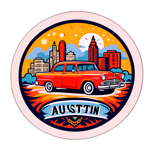 Retro naklejka z elementami kultury lokalnej w Austin