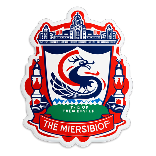 Una calcomanía icónica del logo de Liverpool sobre el fondo de un ícono famoso de la ciudad con la frase 'El Orgullo de Merseyside'