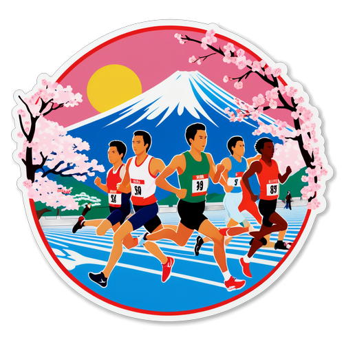 富士山と桜の中を駆け抜けるランナー