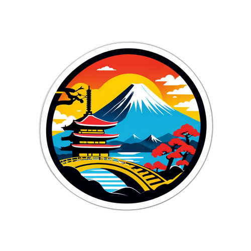일본 풍경과 엔 랜드마크가 결합된 스티커 디자인