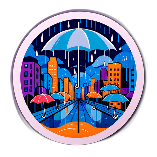 Desenho de uma Cidade Chuvosa com Guarda-chuvas