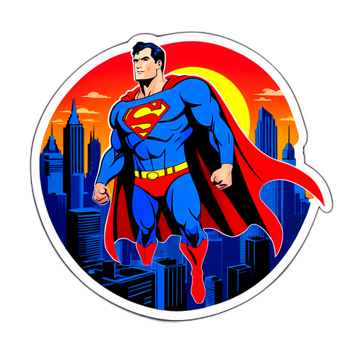 Superman sväva över staden med solnedgång