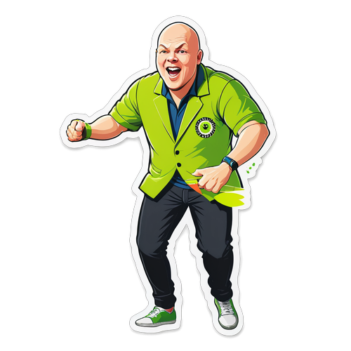 Speelse sticker van Van Gerwen met een dartbord dat lijkt te draaien