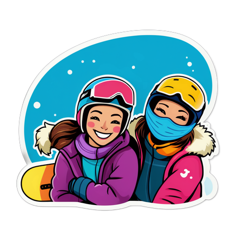 Illustration humoristique de camaraderie entre snowboardeuses