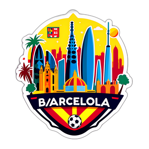 Kolorowa naklejka przedstawiająca charakterystyczny horyzont Barcelony z motywem piłkarskim