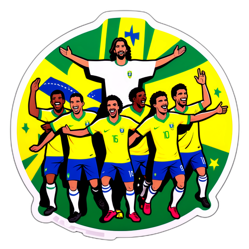 एक मजेदार और रंगीन स्टिकर ब्राज़ीलियाई राष्ट्रीय फुटबॉल टीम का गोल मनाना