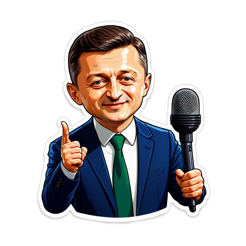 Стикер Владимира Зеленского в стильном костюме с микрофоном