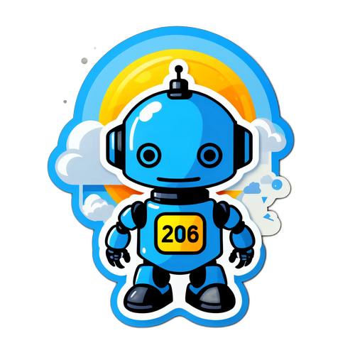 Futuristische sticker met robot die het weer van 2026 voorspelt