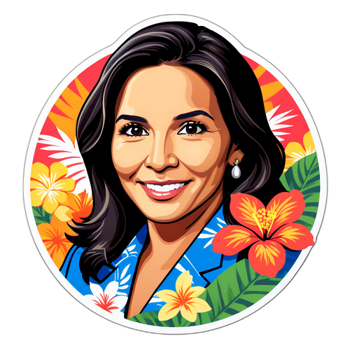 Stylisert portrett av Tulsi Gabbard med hawaiiansk bakgrunn