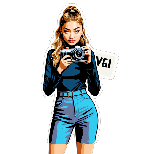 Un elegante adesivo di Gigi Hadid con una macchina fotografica