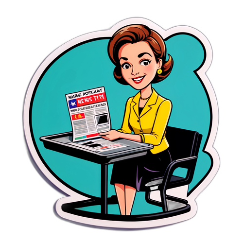 Un autocollant représentant une table de télévision avec Marie Portolano présentant un bulletin d'informations.