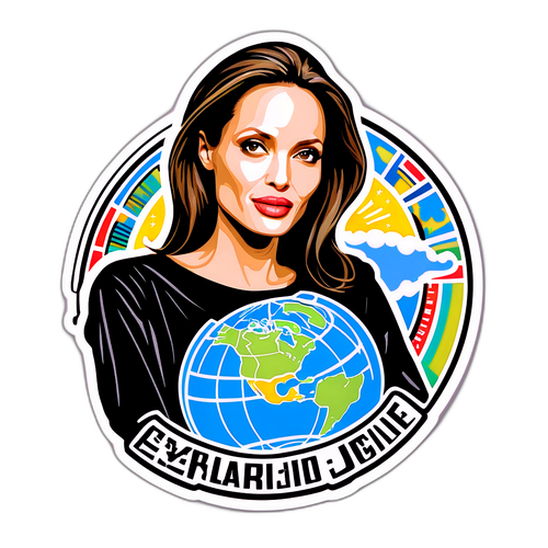 Σχεδίαση αυτοκόλλητου που απεικονίζει την Αντζελίνα Τζολί με στοιχεία από ανθρωπιστικές εκστρατείες και τέχνη