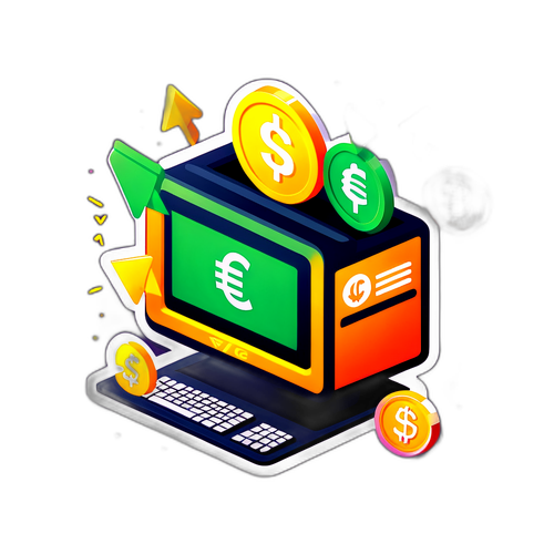 Une illustration amusante des transferts bancaires avec des flèches et des symboles de devises dansant autour d'un ordinateur