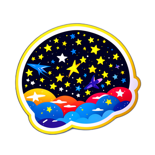 Un autocollant représentant une pluie d'étoiles filantes en 2025, avec des étoiles scintillantes dans un ciel étoilé.