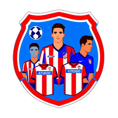 Atlético Madrid és Oviedo játékosok illusztrációja emblémával a tenyerükben