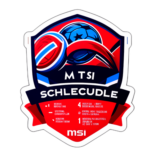 Sticker thông tin lịch thi đấu MSI với biểu tượng bóng đá và logo các đội tham gia