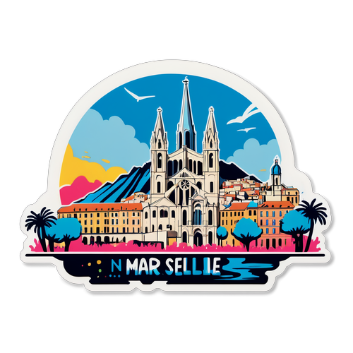 Stylisert skyline av Marseille med Notre-Dame de la Garde
