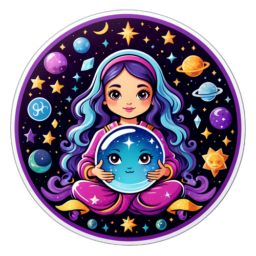 Whimsical Mystic Meg Sticker in a Starry Galaxy