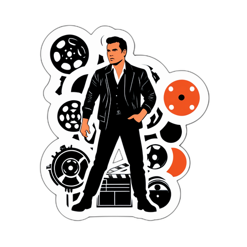 Sticker na may iconic na pose ni FPJ na napapalibutan ng mga cinematic elements at classic film reels