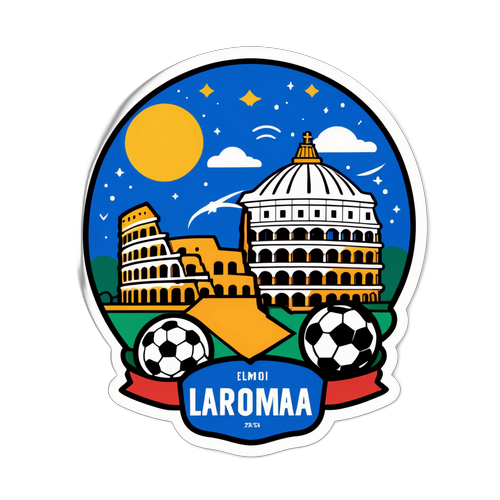 A sticker giocoso con elementi di calcio e lo skyline di Roma