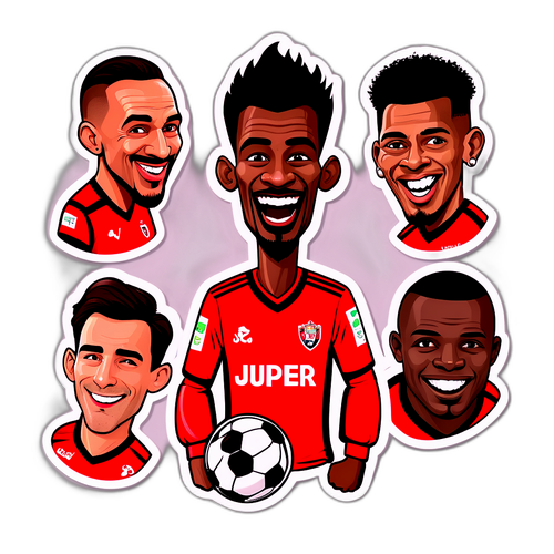 Speelse sticker met karikaturen van beroemde voetballers in de Jupiler Pro League