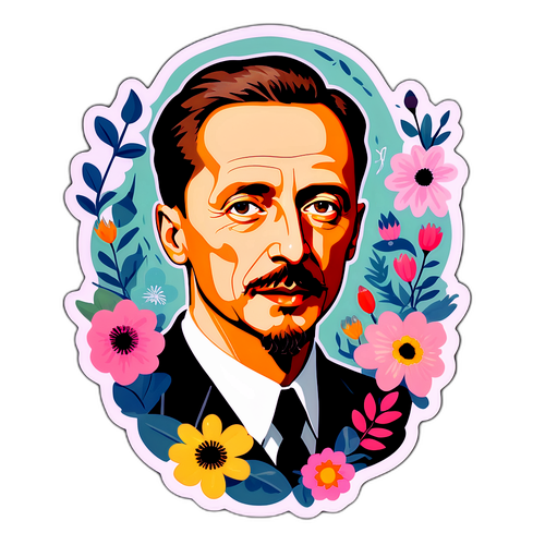 Rainer Maria Rilke Porträt mit poetischen Versen und Blumen