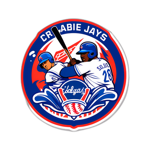 ブルージェイズとドジャースの対決をテーマにした選手がバットを振るパワフルなデザイン