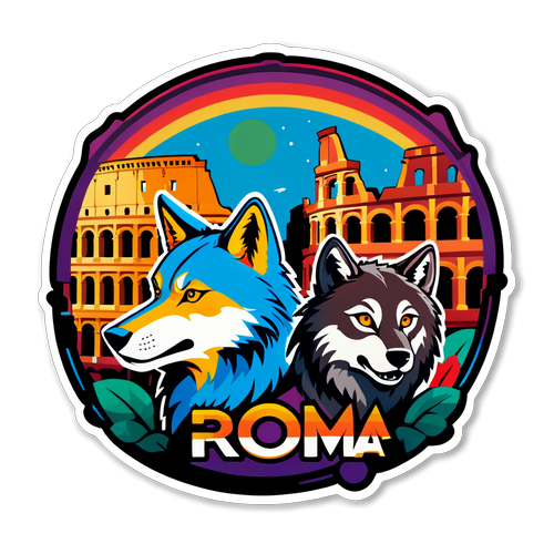 Sticker ya Roma ya rangi angavu yenye emblemu ya wolf na she-wolf