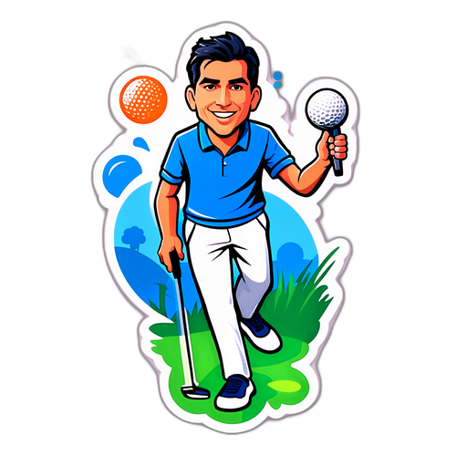 Autocollant représentant Matthieu Pavon avec un microphone et des éléments de golf