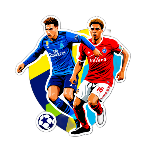 Thiết kế nhãn dán tương phản kết quả Champions League với bóng đá sống động và cầu thủ nổi bật