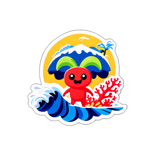 ハワイのビーチでサーフィンを楽しむカラフルなサンゴキャラクター