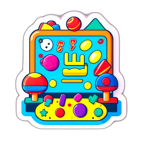 マルハンゲームセンターをテーマにしたカラフルな遊具と賞品のポップデザイン