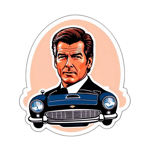 Vintage-klistremerke av Pierce Brosnan i en klassisk bil