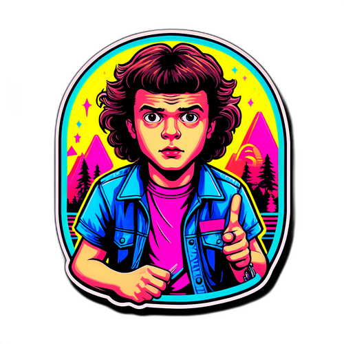 Zabawna ilustracja głównego bohatera z "Stranger Things" w stylu lat 80.