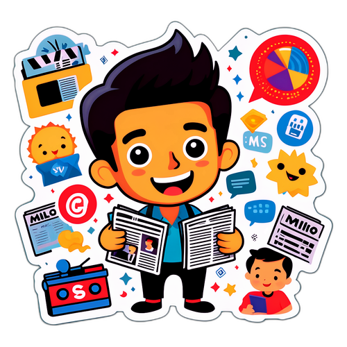 Illustra Milo Infante come un personaggio affascinante circondato da elementi di notizie giocosi