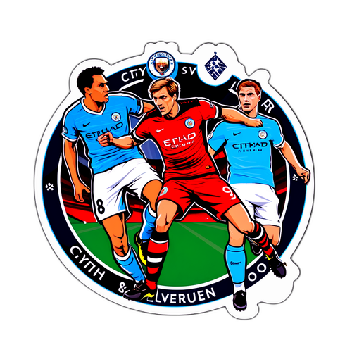 Un sticker cu echipele de fotbal Man City și Bayer Leverkusen