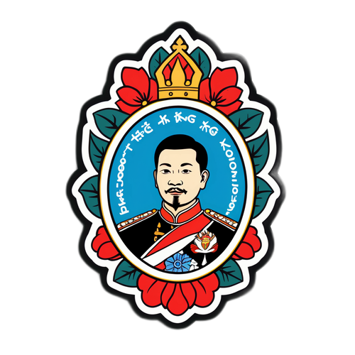 สติ๊กเกอร์ภาพของนพพรโรจน์ เดชคุณยิ่ง คอแคะ กับกรอบดอกไม้และข้อความ 'เคียงข้างพระราชา'