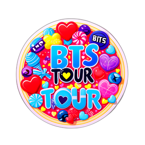 Наклейка с логотипом BTS, окружённым конфетами и сердечками, с надписью "BTS Tour"