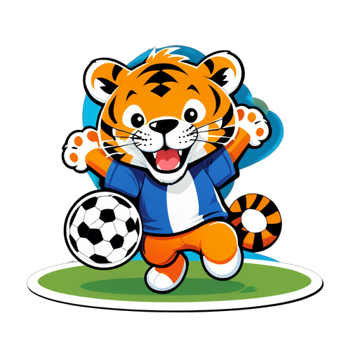 Un divertido diseño de un tigre jugando al fútbol con la frase '¡Vamos Tigres!' en letras coloridas.