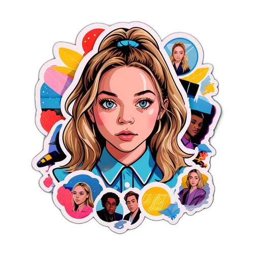 En klistremerke av Sydney Sweeney med elementer fra hennes populære roller