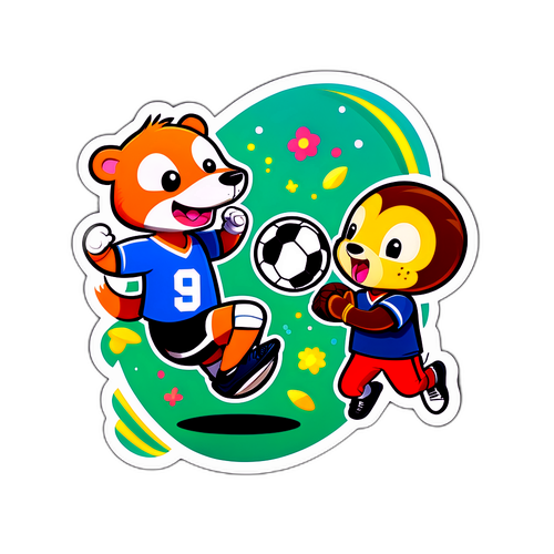Sticker jucăuș cu animale de desene animate jucând fotbal