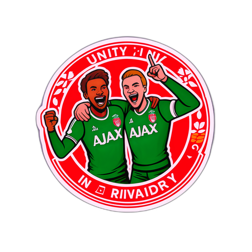 Stiker Meriah Menunjukkan Penyokong Ajax dan Groningen Bersorak, dengan Frasa 'Kesatuan dalam Persaingan!'