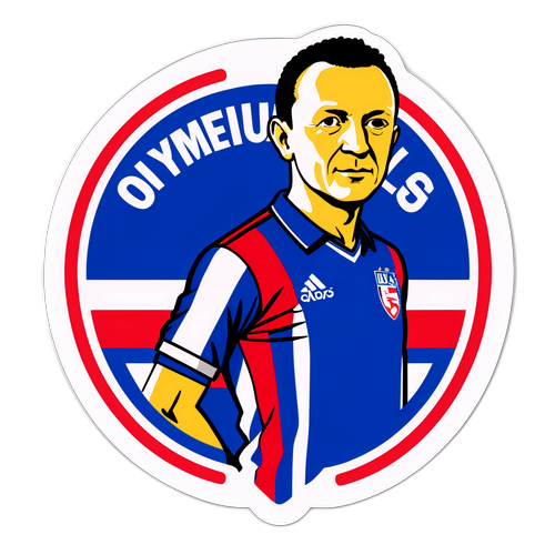 Autocollant de Jean Michel Aulas devant l'emblème de l'Olympique Lyonnais