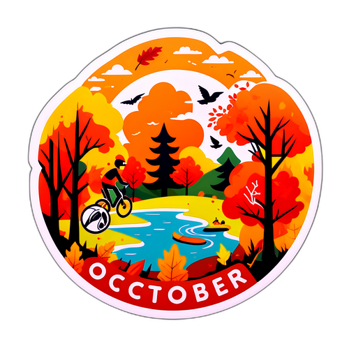 Sticker depicting October with autumn scenery and sports symbols