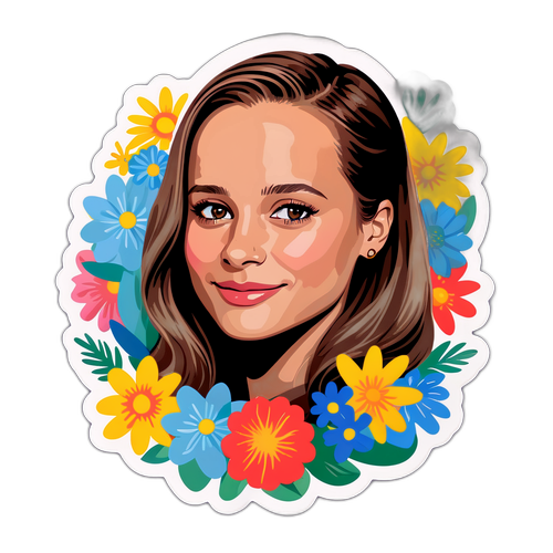 Autocolant cu o citat motivațional de la Alicia Vikander, înconjurat de flori și culori vesele