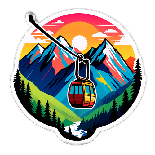 Illustration einer schwingenden Gondel im Zillertal mit majestätischen Bergen im Hintergrund und Sonnenuntergang